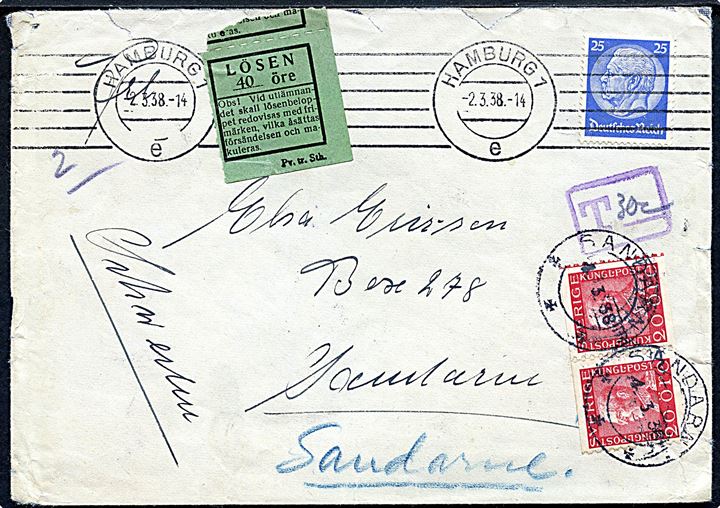 Tysk 25 pfg. Hindenburg på brev fra Hamburg d. 2.3.1938 til Sandarne, Sverige. Udtakseret i svensk porto med grøn Lösen etiket og 20 öre Gustaf i parstykke som portomærker stemplet Sanarne d. 4.3.1938.