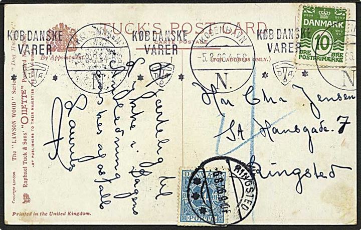 10 øre Bølgelinie på underfrankeret brevkort fra København d. 5.8.1926 til Ringsted. Udtakseret i porto med 4 øre Portomærke stemplet Ringsted d. 6.8.1926.