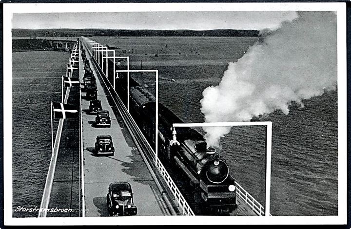 Storstrømsbroen med Lokomotiv og biler. O. P. O. no. 88173. 