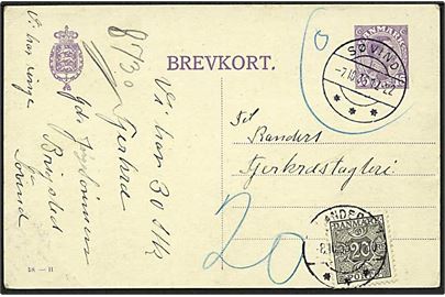 15 øre Chr. X helsagsbrevkort (fabr. 58-H) markeret ugyldig fra Søvind d. 7.10.1935 til Randers. Udtakseret i porto med 20 øre Portomærke stemplet Randers d. 8.10.1935.