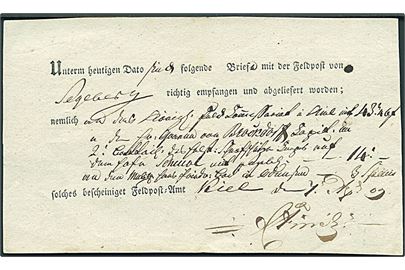 1809. Napoleonskrigen. Kvittering fra Feldpost-Amt i Kiel dateret d. 7.8.1809 for flere breve fra Segeberg til militæradresser.  