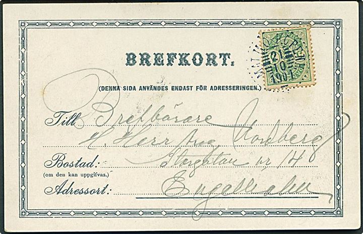 5 øre Våben på brevkort annulleret med svensk sejlende bureaustempel Malmö - Köpenh. d. 21.10.1901 til Engelholm, Sverige. Sjældent skibsstempel.