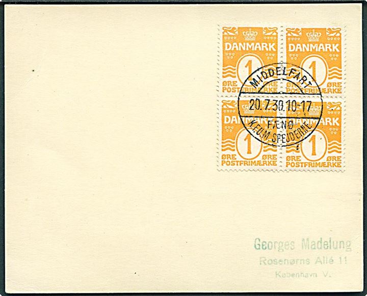 1 øre Bølgelinie i fireblok på filatelistisk brevkort sendt som tryksag og annulleret med spejder stempel brotype Vc Middelfart Fænø K.F.U.M. Spejderne d. 20.7.1930 til København.