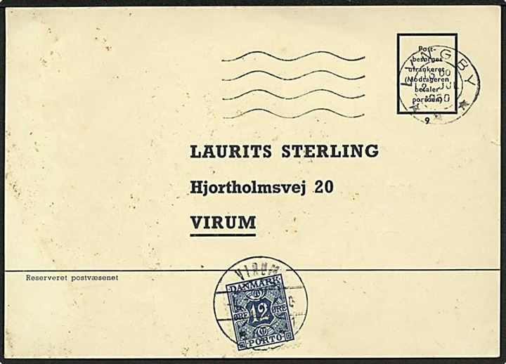 Ufrankeret svarbrevkort fra Lyngby d. 2.7.1960 til Virum. Påsat 12 øre Portomærke stemplet Virum d. 4.7.1960.