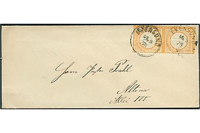 ½ gr. Stort Brystskjold i lodret parstykke på brev annulleret med enringsstempel Ekensund d. 15.9.1873 til Altona.
