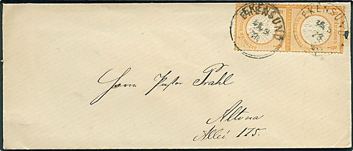 ½ gr. Stort Brystskjold i lodret parstykke på brev annulleret med enringsstempel Ekensund d. 15.9.1873 til Altona.