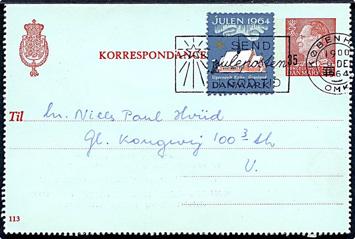 35/30 øre provisorisk helsags korrespondancekort med Julemærke 1964 sendt lokalt i København d. 9.12.1964.