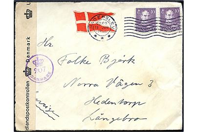 10 øre Chr. X (2) og Dannebrog mærkat på brev fra Haderslev d. 11.6.1945 til Långebro, Sverige. Åbnet af dansk efterkrigscensur (krone)/207/Danmark.