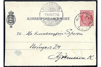 8 øre helsags korrespondancekort annulleret med lapidar VI Værslev d. 7.6.1899 og sidestemplet bureau Kjøbenhavn - Kallundborg T.110 d. 7.6.1899 til Kjøbenhavn.