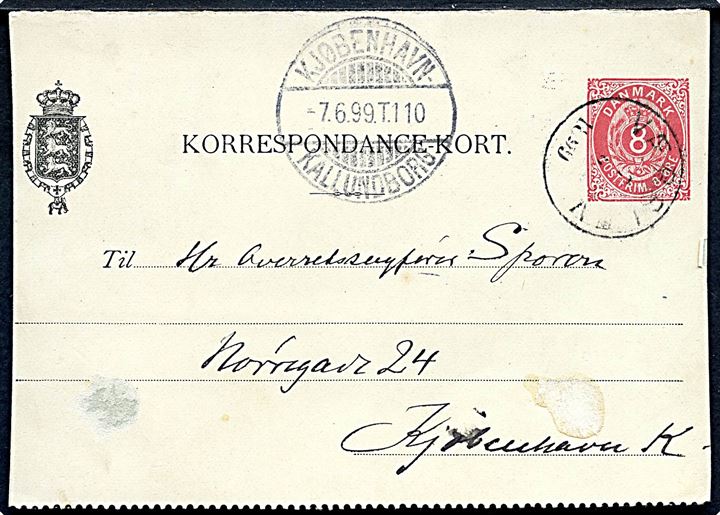 8 øre helsags korrespondancekort annulleret med lapidar VI Værslev d. 7.6.1899 og sidestemplet bureau Kjøbenhavn - Kallundborg T.110 d. 7.6.1899 til Kjøbenhavn.