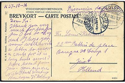 Ufrankeret krigsfangekort fra Kolding d. 28.10.1916 til interneret belgisk soldat i lejr Zeist, Holland. Ank.stemplet d. 4.11.1916.