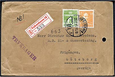 8 øre Bølgelinie og 30 øre Chr. X på 38 øre frankeret anbefalet tryksag fra København d. 20.10.1948 til Göteborg, Sverige. 