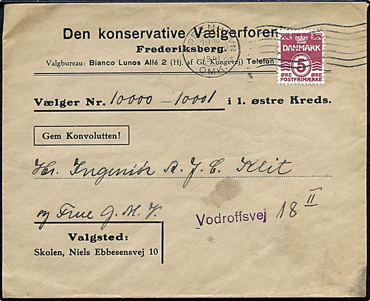 5 øre Bølgelinie på fortrykt kuvert fra Den konservative Vælgerforening sendt lokalt i København d. 6.5.1941.