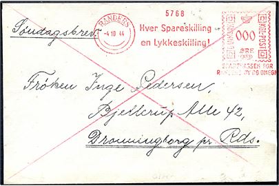 Frankostempel uden valør fra Sparekassen for Randers og Omegn på festsang mærket Søndagsbrev d. 4.10.1944 til Dronningborg pr. Randers.