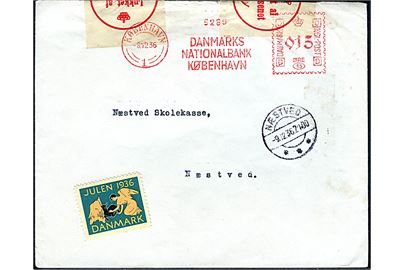 15 øre firmafranko på brev fra Danmarks Nationalbank i København d. 8.12.1936 til Næstved. Returneret som ubekendt med to lukkemærkater Lukket af Postvæsenet.