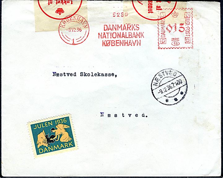 15 øre firmafranko på brev fra Danmarks Nationalbank i København d. 8.12.1936 til Næstved. Returneret som ubekendt med to lukkemærkater Lukket af Postvæsenet.