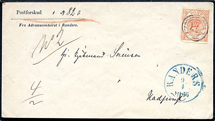 4 sk. Krone/Scepter - Artighedsklippet - på brev med postforskud annulleret med nr.stempel 53 og sidestemplet blåt antiqua Randers d. 9.4.1866 via Mariager til Hadsund.