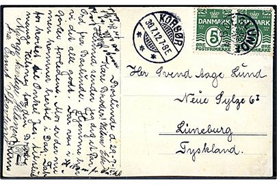5 øre Bølgelinie (2) på brevkort annulleret med stjernestempel BOESLUNDE og sidestemplet Korsør d. 30.7.1912 til Lüneburg, Tyskland.