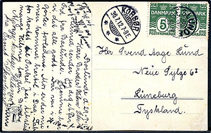 5 øre Bølgelinie (2) på brevkort annulleret med stjernestempel BOESLUNDE og sidestemplet Korsør d. 30.7.1912 til Lüneburg, Tyskland.
