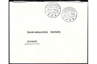 Ufrankeret indenrigsbrev fra udstedsbestyreren i Claushavn stemplet Christianshåb d. 25.6.1958 via Egedesminde d. 26.6.1958 til Grønlandsposten i Godthåb.
