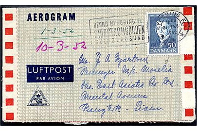 50 øre Ørsted på privat aerogram fra Nykøbing Fl. d. 21.2.1952 til passager ombord på M/S Morelia, Bangkok, Thailand.
