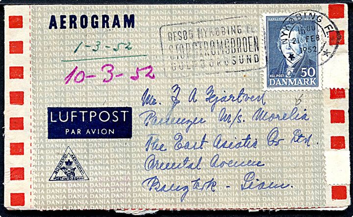 50 øre Ørsted på privat aerogram fra Nykøbing Fl. d. 21.2.1952 til passager ombord på M/S Morelia, Bangkok, Thailand.