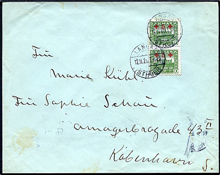 10+5 øre Røde Kors provisorium i parstykke på brev fra Skive annulleret med bureaustempel Langaa - Struer T.1026 d. 12.11.1925 til København.