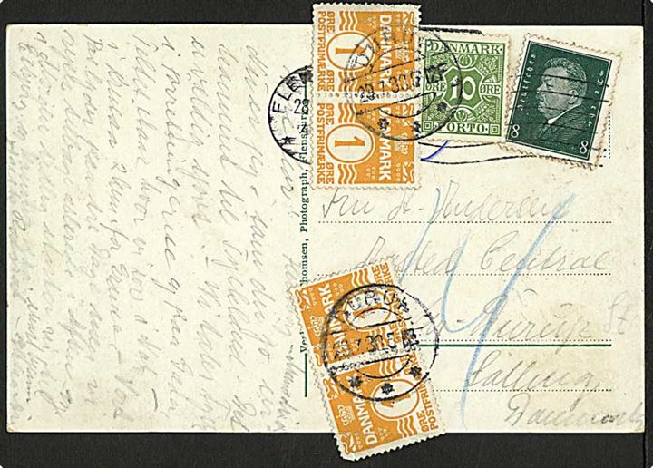 Tysk 8 pfg. Ebert på underfrankeret brevkort fra Flensburg d. 28.7.19330 til Durup, Danmark. Udtakseret i porto med 10 øre Portomærke og 1 øre Bølgelinie (4) anvendt som portomærker stemplet Durup d. 29.7.1930. 2 mærker yderligt placeret med folder.