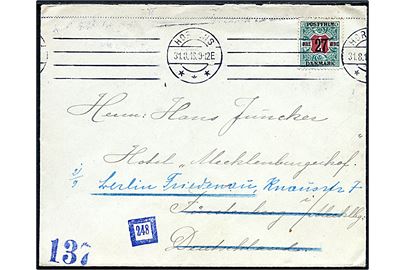 27 øre/1 kr. Provisorium single på brev fra Horsens d. 31.8.1918 til Fürstenberg, Tyskland - eftersendt til Berlin.