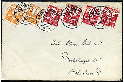 1 øre (2) og 2 øre (4) Bølgelinie på brev fra Kjellerup d. 1.7.1910 til København.