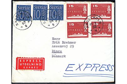 10 öre Ciffer (3) og 151 öre Sjöpost (4) på 90 øre frankeret ekspresbrev fra Ängelholm d. 22.3.1958 via dansk sejlende bureau København - Malmø 2.Post d. 23.3.1958 til Ringe, Danmark.