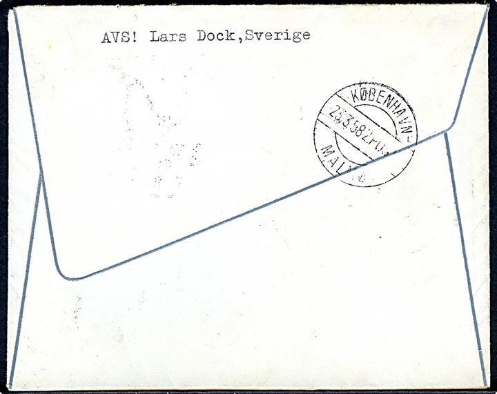 10 öre Ciffer (3) og 151 öre Sjöpost (4) på 90 øre frankeret ekspresbrev fra Ängelholm d. 22.3.1958 via dansk sejlende bureau København - Malmø 2.Post d. 23.3.1958 til Ringe, Danmark.