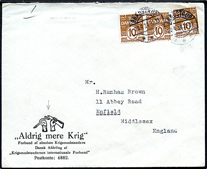 10 øre Bølgelinie (3) på fortrykt kuvert Aldrig mere Krig fra Brædstrup d. 20.4.1934 til Enfield, England. Afs.-adresse bortklippet.