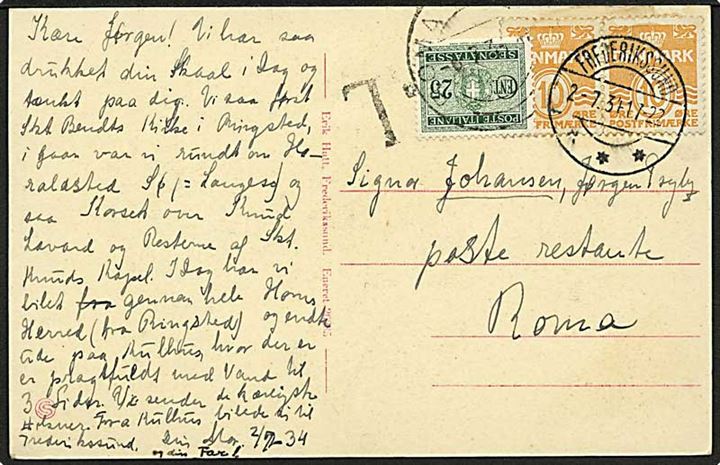 10 øre Bølgelinie i parstykke på brevkort fra Frederikssund d. 2.7.1934 til poste restante i Rom, Italien. Påsat italiensk 25 c. portomærke som poste restante gebyr.