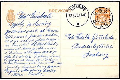 10 øre helsagsbrevkort (fabr. 118) annulleret med udslebet stjernestempel UGGERBY og sidestemplet brotype IIId Hjørring d. 13.7.1936 til Faaborg.