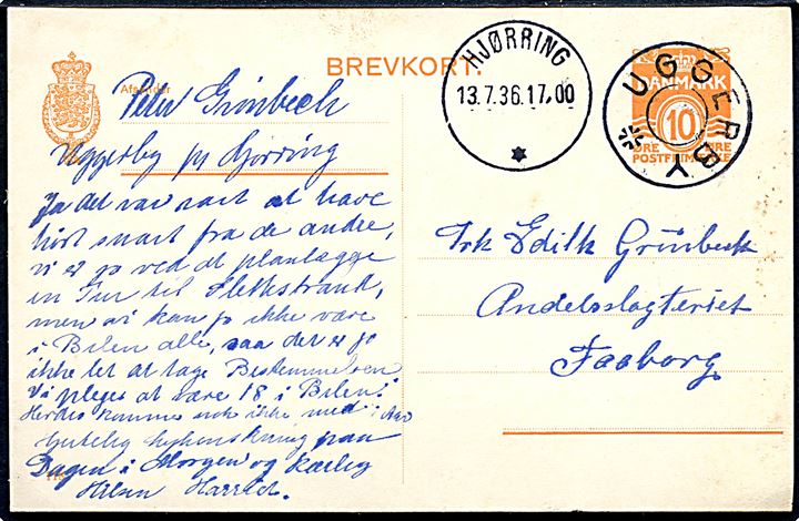 10 øre helsagsbrevkort (fabr. 118) annulleret med udslebet stjernestempel UGGERBY og sidestemplet brotype IIId Hjørring d. 13.7.1936 til Faaborg.