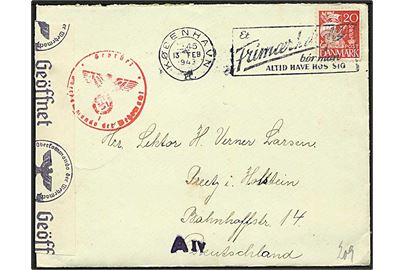 20 øre Karavel på brev fra København d. 13.2.1943 til Preetz, Holstein, Tyskland. Åbnet af tysk censur i Hamburg.