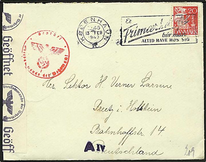 20 øre Karavel på brev fra København d. 13.2.1943 til Preetz, Holstein, Tyskland. Åbnet af tysk censur i Hamburg.