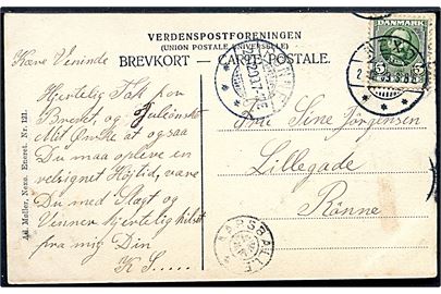 5 øre Fr. VIII på brevkort (Torvet i Neksø) annulleret Nexø d. 2?.12.1909 til Rønne. Ank.stemplet med stjernestempel AARSBALLE.