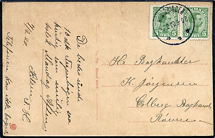 5 øre Chr. X i parstykke på brevkort (Højskolen Bornholm) annulleret med brotype IIIb Almindingen d. 7.2.1920 til Rønne.