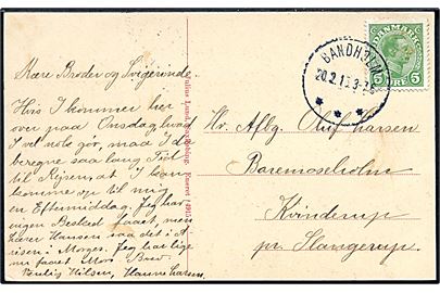 5 øre Chr. X på brevkort (Bandholm kirke) annulleret med brotype IIIb Bandholm d. 20.2.1915 til Slangerup.