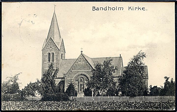 5 øre Chr. X på brevkort (Bandholm kirke) annulleret med brotype IIIb Bandholm d. 20.2.1915 til Slangerup.