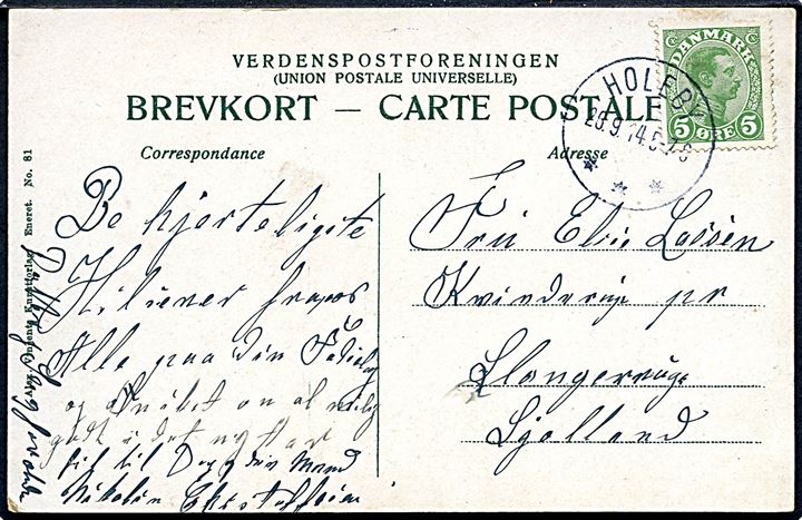 5 øre Chr. X på brevkort annulleret med brotype IIIb Holeby d. 26.9.1914 til Slangerup.