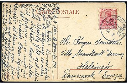 10 pfg. Germania på brevkort (Napoli) dateret Aden d. 12.12.1913 og annulleret med tysk skibsstempel Deutsche Seepost Australische Hauptlinie d. 12.12.1913 til Helsingør, Danmark.