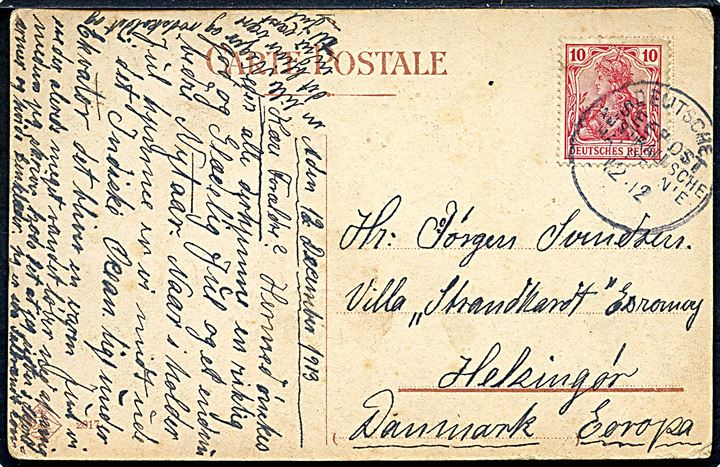 10 pfg. Germania på brevkort (Napoli) dateret Aden d. 12.12.1913 og annulleret med tysk skibsstempel Deutsche Seepost Australische Hauptlinie d. 12.12.1913 til Helsingør, Danmark.