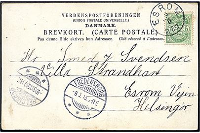 5 øre Våben på brevkort annulleret med lapidar Esrom d. 9.8.1905 via Fredensborg til Helsingør.