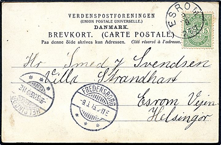 5 øre Våben på brevkort annulleret med lapidar Esrom d. 9.8.1905 via Fredensborg til Helsingør.