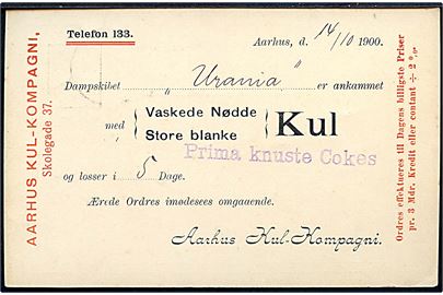 5 øre Våben helsagsbrevkort med fortrykt advis om Kul ankommet med dampskibet Urania fra Aarhus d. 14.10.1900 til Viborg.