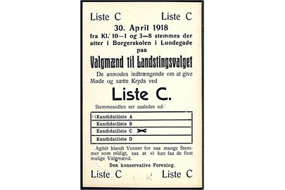 3 øre helsagsbrevkort med fortrykt valgagitation fra den Konservative Forening ved Landstingsvalget i 1918 sendt lokalt i Helsingør d. 23.4.1918.