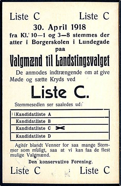 3 øre helsagsbrevkort med fortrykt valgagitation fra den Konservative Forening ved Landstingsvalget i 1918 sendt lokalt i Helsingør d. 23.4.1918.